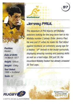 2003 Kryptyx The Defenders Australian Rugby Union #97 Jeremy Paul Back